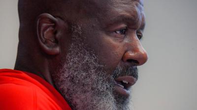 Michael Locksley, head football coach of the Maryland Terrapins attends a press conference during team media day in College Park, on July 30, 2025.