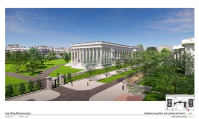 Detailed renderings reveal the scale of the proposed 89,000-square-foot White House ballroom. The images by Shalom Baranes Associates—later removed from the National Capital Planning Commission’s website—show a new East Wing roughly a city block long