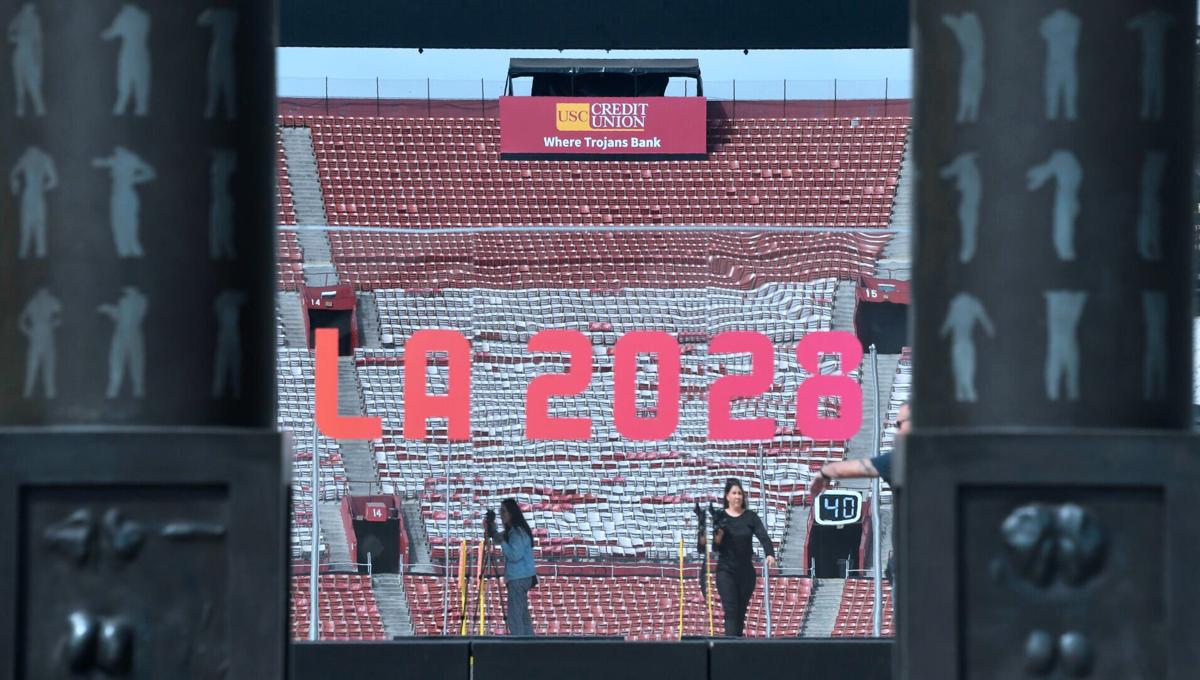 An LA2028 sign is seen at the Los Angeles Coliseum on September 13, 2017 in Los Angeles, California, as the city was officially named as host of the 2028 Summer Olympics by a unanimous vote of the International Olympic Committee in Lima, Peru.