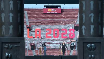 An LA2028 sign is seen at the Los Angeles Coliseum on September 13, 2017 in Los Angeles, California, as the city was officially named as host of the 2028 Summer Olympics by a unanimous vote of the International Olympic Committee in Lima, Peru.
