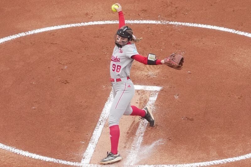 Nebraska pitcher/utility player Jordyn Bahl (98) throws a pitch during an NCAA super regional game between Tennessee and Nebraska at Sherri Parker Lee Stadium in Knoxville, Tenn., on May 24, 2025. Tennessee defeated Nebraska.