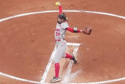Nebraska pitcher/utility player Jordyn Bahl (98) throws a pitch during an NCAA super regional game between Tennessee and Nebraska at Sherri Parker Lee Stadium in Knoxville, Tenn., on May 24, 2025. Tennessee defeated Nebraska.