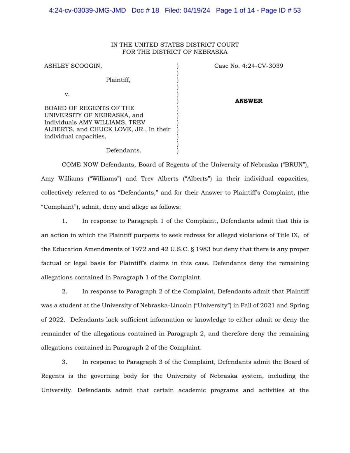 NU response to Ashley Scoggin lawsuit