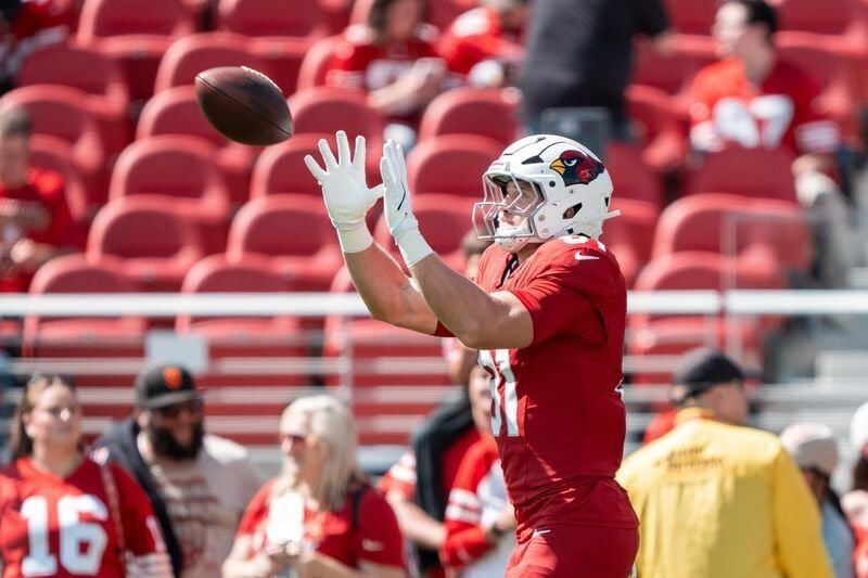 September 21, 2025; Santa Clara, California, USA; Arizona Cardinals tight end Travis Vokolek (81) warms up before the game against the San Francisco 49ers at Levi's Stadium. Mandatory Credit: Kyle Terada-Imagn Images