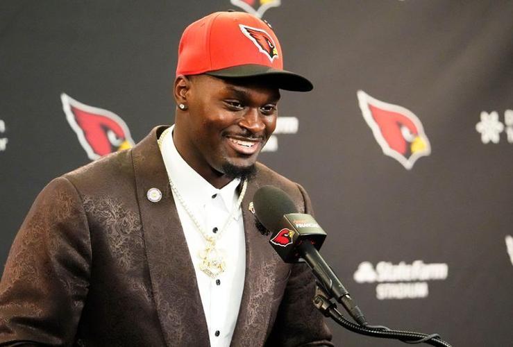 The Arizona Cardinals introduce their first-round draft pick running back Jeremiyah Love during a press conference at the Cardinals Dignity Health training facility on April 24, 2026, in Tempe, Ariz.