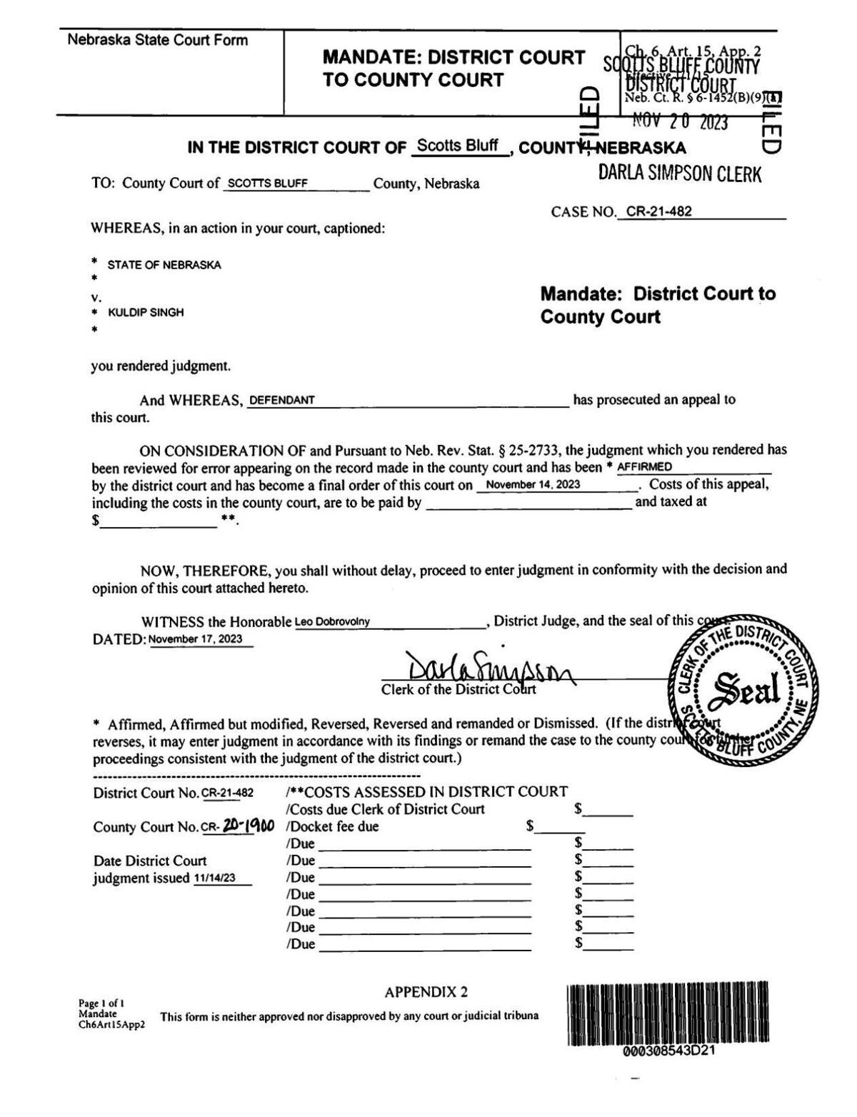 Singh Mandate on Appeal