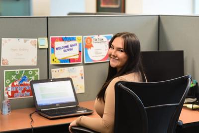 Michigan State University senior Olivia Murray, on Thursday, April 11, 2024, at the MSU Career Services Network office where she works as a lead marketing and event intern. Murray had several internships during college but has struggled to find a full-time