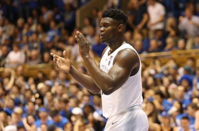 Zion Williamson #1 of the Duke Blue Devils reacts after a play against the Clemson Tigers during their game at Cameron Indoor Stadium on January 5, 2019 in Durham, North Carolina.