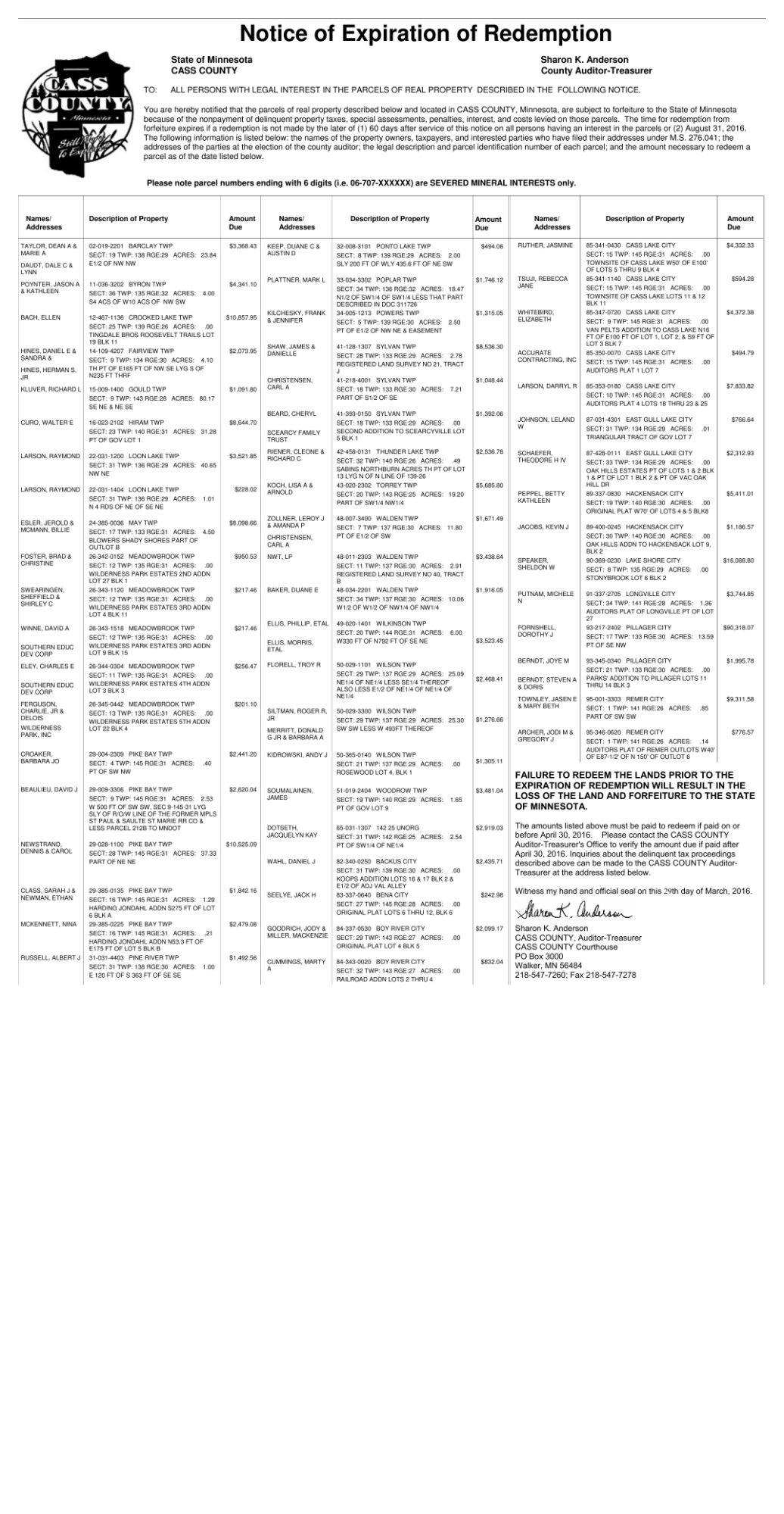 Cass County Auditor/Treasurer Legal Announcements