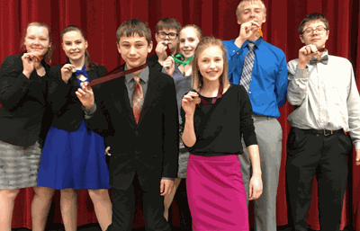 Autumn Howg (from left) took fourth in Storytelling, Hannah Kahlstorf first in Great Speeches, Wyatt Lahr sixth in Storytelling, Zachary Stute second in Discussion, Caitlyn Stute fifth in Storytelling, Anna Katzenmeyer sixth in Humor, Alex Forseman fourth in Prose and Joe Pierce sixth in Prose. The top four speakers in each category advance to the Section 8A Meet.