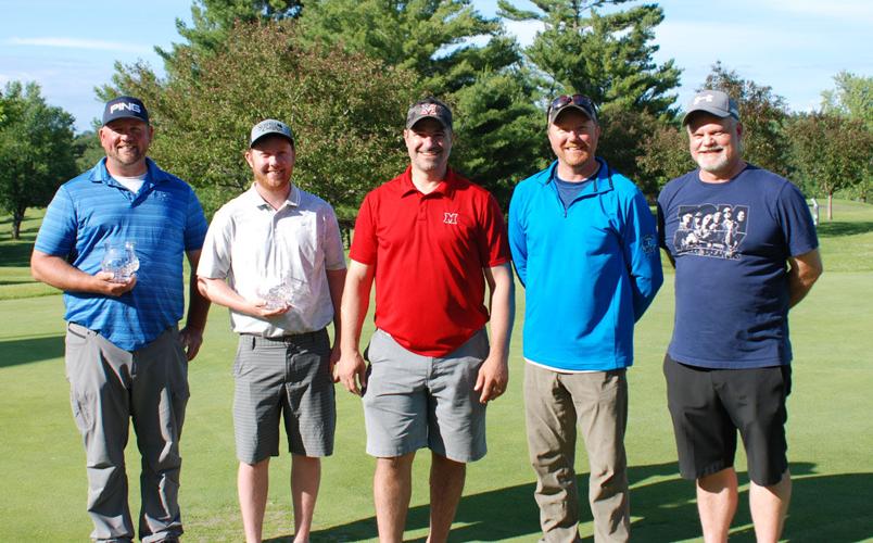 The Net Division top three teams were (from left) Jeff Luethmers and Brandt Hansen first, who won in a playoff, and tied for second were Jeremy Bautch and Tim Nelson, and Vinny Lamb and Bill Erickson (not pictured).