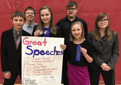 Hannah Kahlstorf went 1, 1, 1 in the Great Speeches final round to take the first place medal. Zachary Stute made finals in Discussion and took fifth, Anna Katzenmeyer won her first ribbon at a varsity meet and it was a blue as she went 2, 1, 3 in preliminary rounds. Also speaking were Joe Pierce in Prose, Wyatt Lahr, Grace Tusler in Poetry and Alex Forseman (not pictured) in Prose.