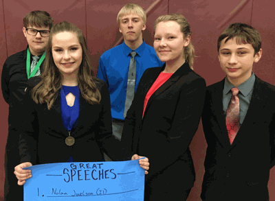Senior Hannah Kahlstorf was crowned champion in Great Speeches, earning a trip to the State Speech Meet in Wayzata Saturday. Senior Zachary Stute earned a final round appearance at Sections and took fifth in Discussion. Also speaking at the tournament were Alex Foresman in Prose and Storytellers Autumn Howg, Wyatt Lahr and Caitlyn Stute (not pictured).
