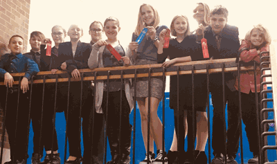 Those competing were (from left) Hunter Wright in Discussion, Tye Gamache in Great Speeches, Lilly Ewert red ribbon in Creative, Thalia Meyer and Hailey Hallett in Extemporaneous Reading, Izabel Padgett red ribbon in Humor, Caitlyn Stute second place and blue ribbon in Storytelling, Anna Katzenmeyer red ribbon in Humor, Autumn Howg (varsity team), Wyatt Lahr red ribbon in Storytelling and Parker Aagard in Discussion.