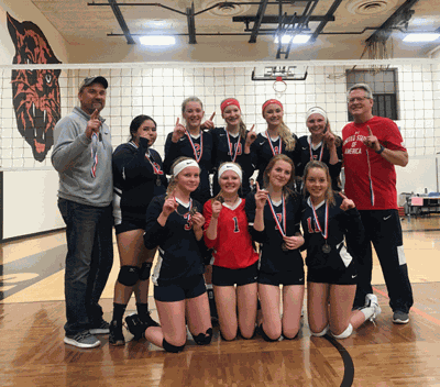 Playing on the team were (front row from left) Ally Sea, Lizzie Naugle, Laney Pinski, Anna Likens, (back) Coach Tim Tabbert, Mackenzie Moore, Katie Sagen, Kalli Oelschlager, Aleah Tabbert, Abbi Strandlie and Coach Pete Naugle. The other seven teams involved were from Detroit Lakes, Nevis, Browerville, Fosston, Perham and Park Rapids.