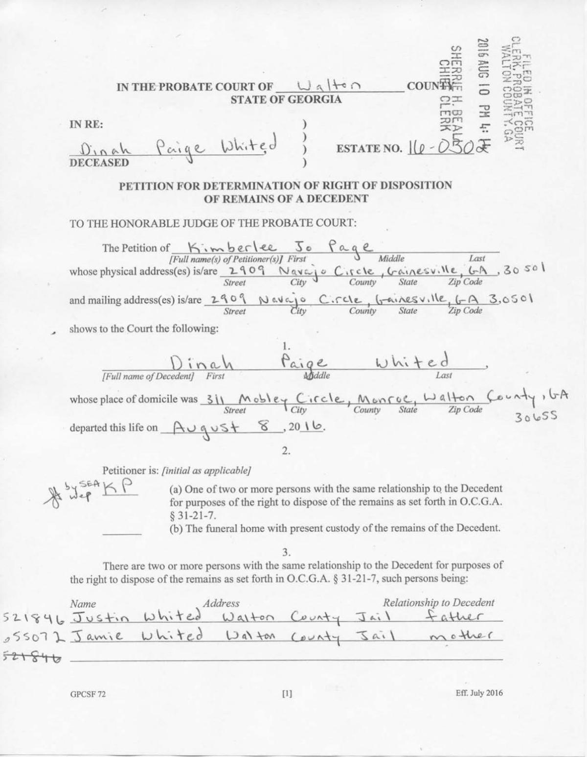 Petition for Determination of Right of Disposition: Kimberlee Jo Page