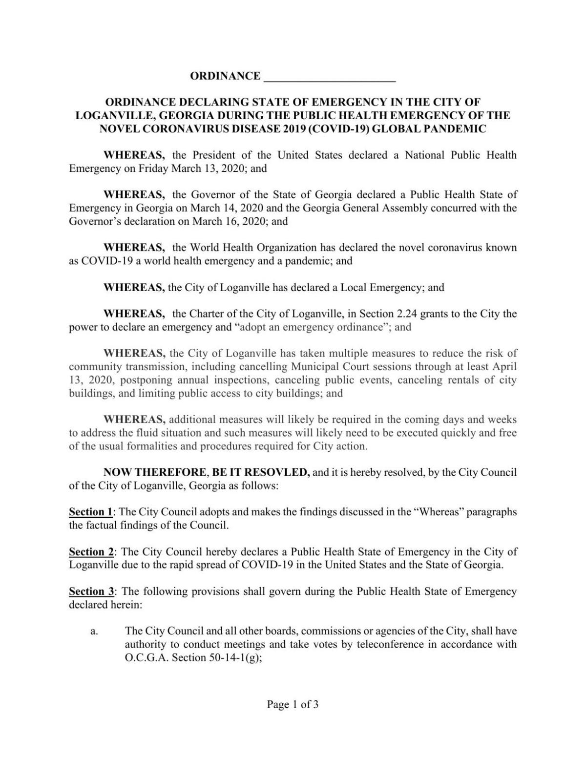 Loganville State Of Emergency Ordinance Monday March 23 2020