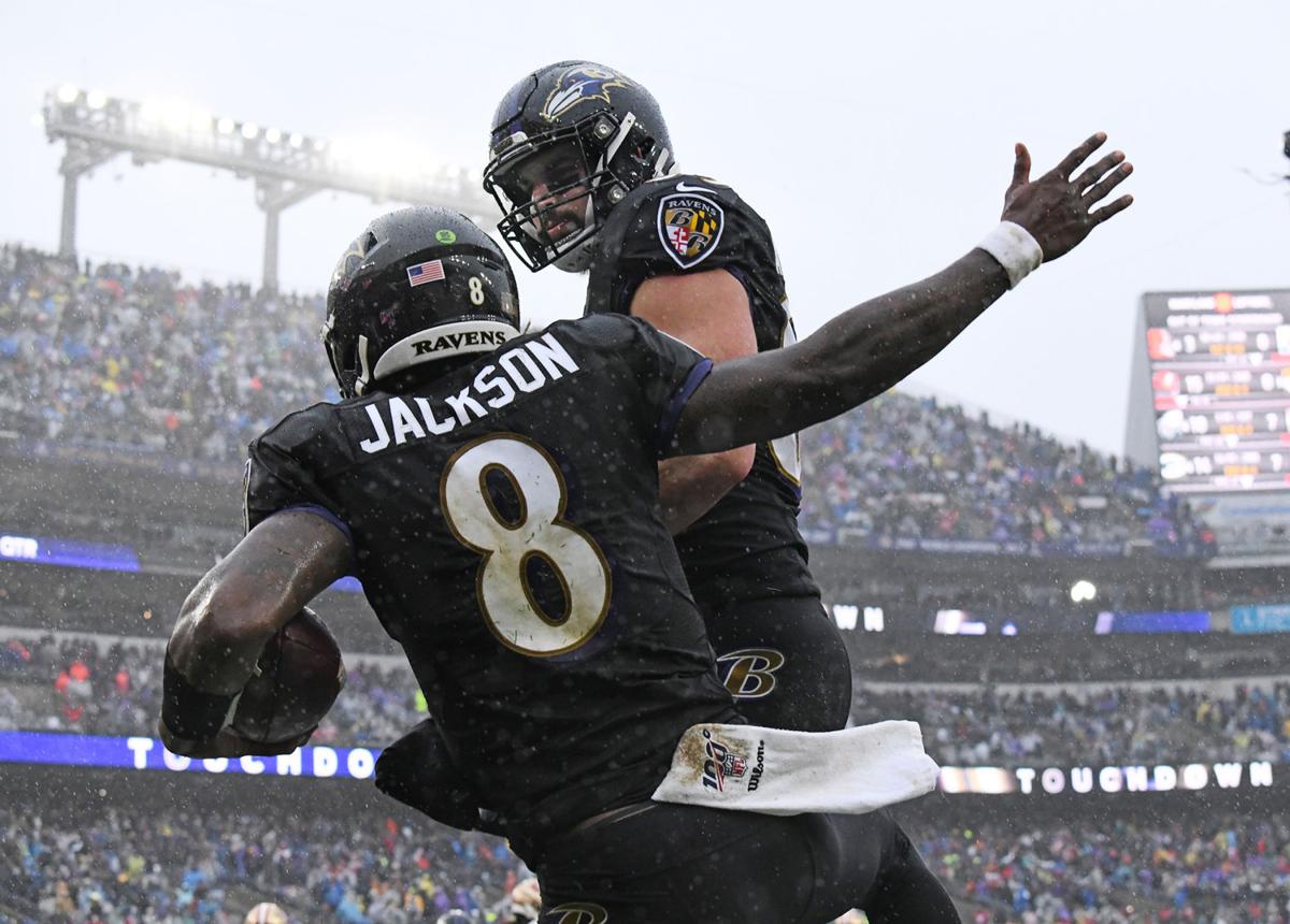 Baltimore Ravens quarterback Lamar Jackson celebrates a touchdown run against the San Francisco 49ers at M &T Bank Stadium in December.