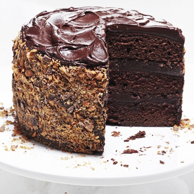 Chocolate buttermilk cake is moist with sweet, crunchy surprise