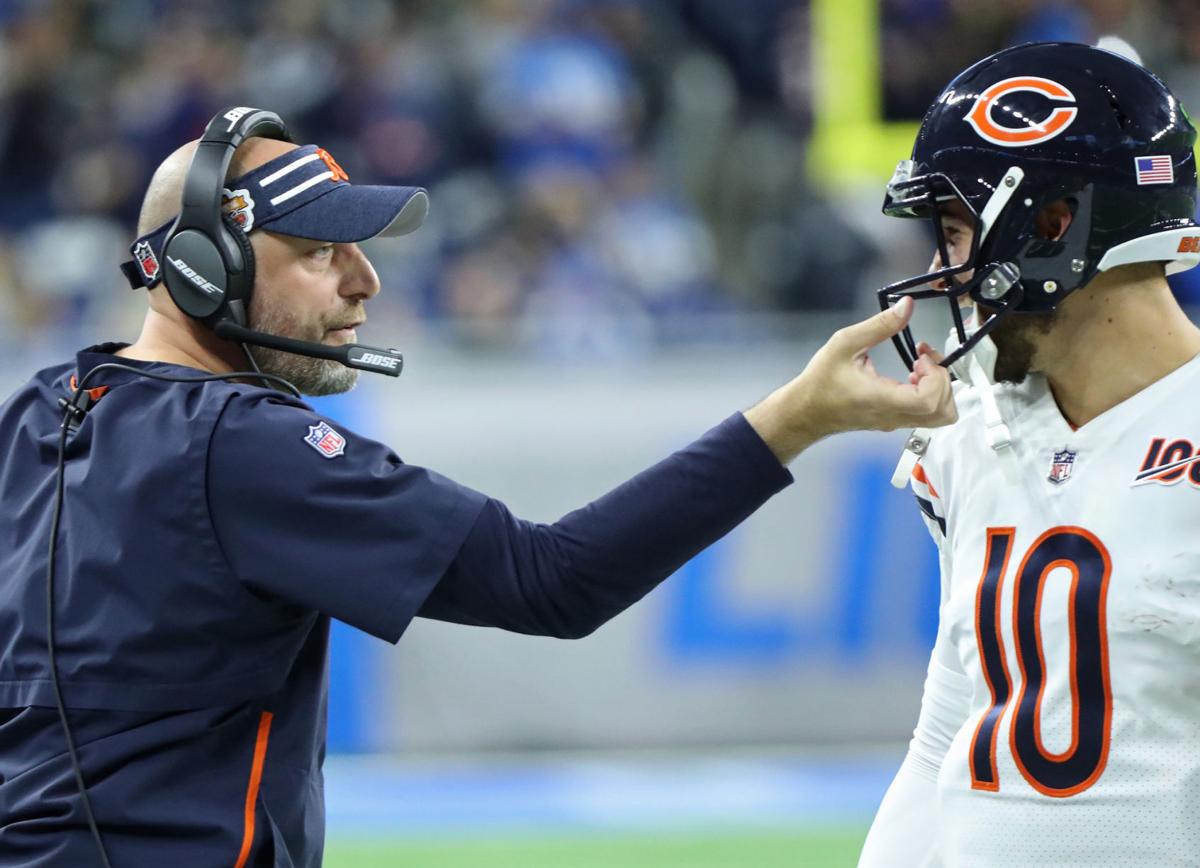 Matt Nagy grabs the face mask of quarterback Mitch Trubisky during the Bears' 24-20 win against the Lions on Thursday, Nov. 28, 2019 at Ford Field in Detroit, Mich. Trubisky underwent surgery shortly after the season to repair a partially torn labrum in his left shoulder.