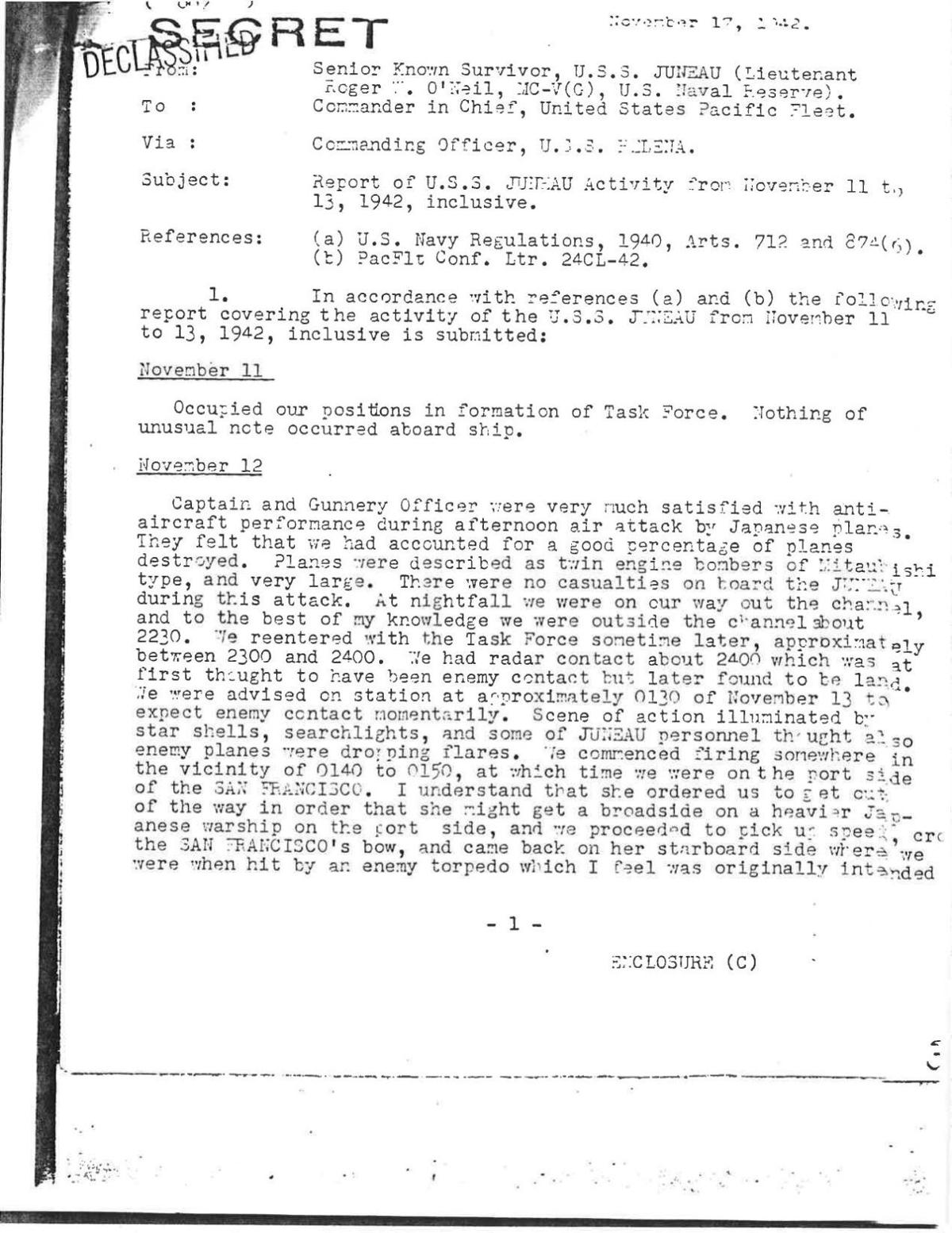 U.S. Navy survivor battle report Nov. 17, 1942