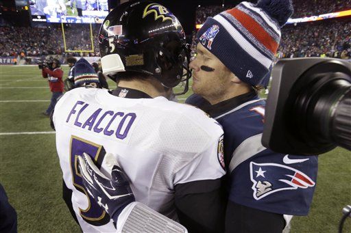 Baltimore Ravens Joe Flacco throws a pass in the fourth quarter against the  New England Patriots in the AFC Championship Game at Gillette Stadium in  Foxboro Massachusetts on January 22, 2012. The