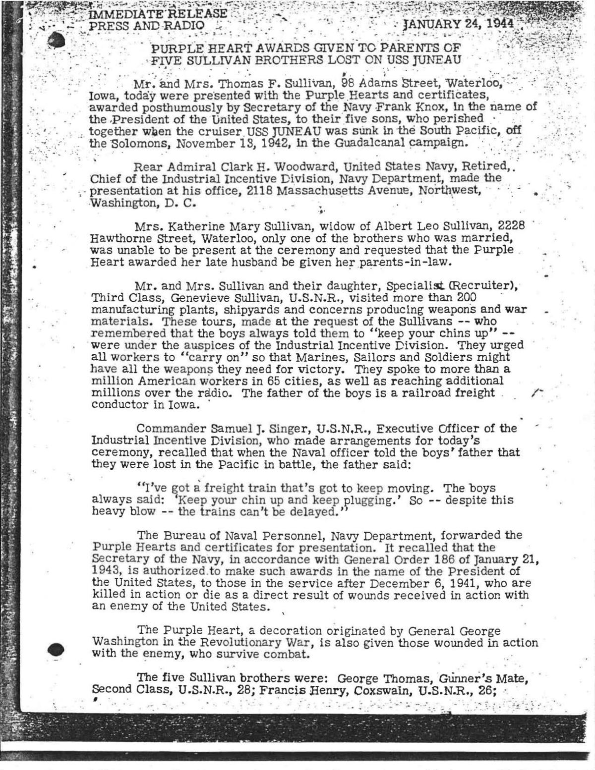 U.S. Navy Sullivan Purple Hearts document Jan. 24, 1944