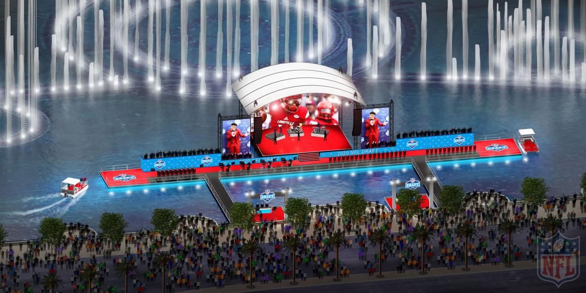 An artist rendering of the 2020 NFL Draft stage in Las Vegas on the lake in front of the Bellagio Hotel with boats ferrying players and VIPs. The league announced Monday the draft would go on, but without events open to the public.