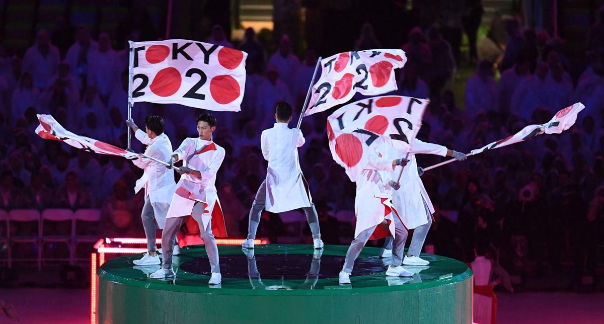 Performers promote the 2020 Tokyo Games during the Closing Ceremony for the Rio Olympic Games on August 21, 2016, in Rio De Janeiro, Brazil.