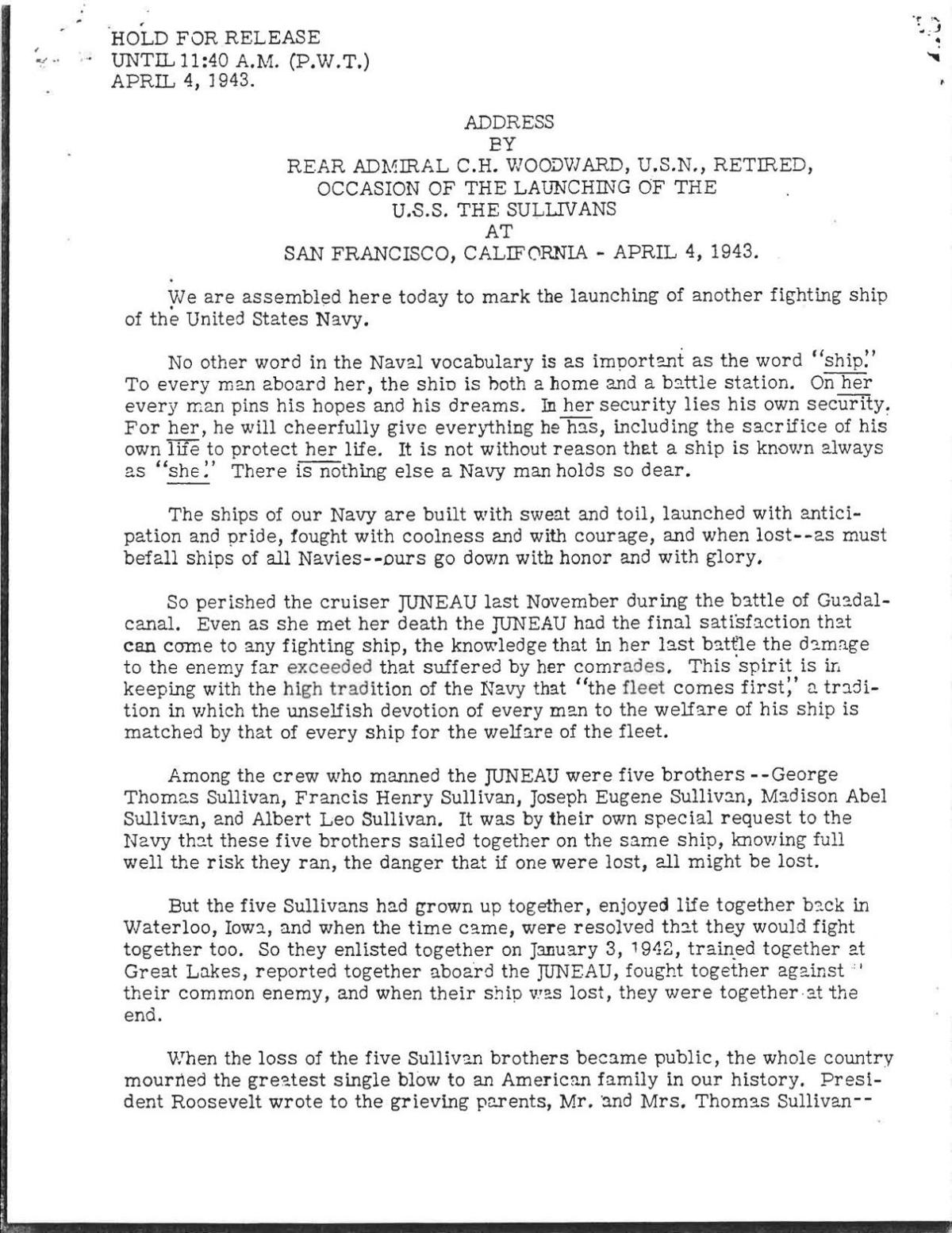 Navy doc -- USS The Sullivans launch speech April 4, 1943