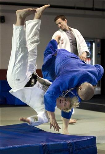 Wrestling Athletes Judoka On Tatami And Competition In Judo Stock