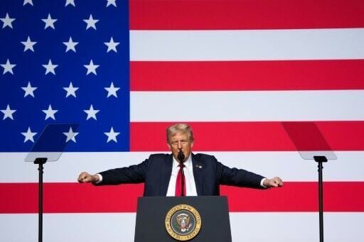 US President Donald Trump addresses senior military officers gathered at Marine Corps Base Quantico in Quantico, Virginia