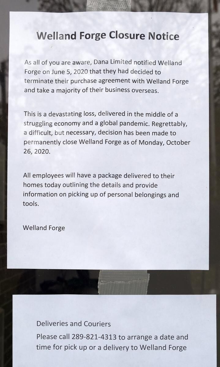 Welland Forge permanently closes employees learn of closure when