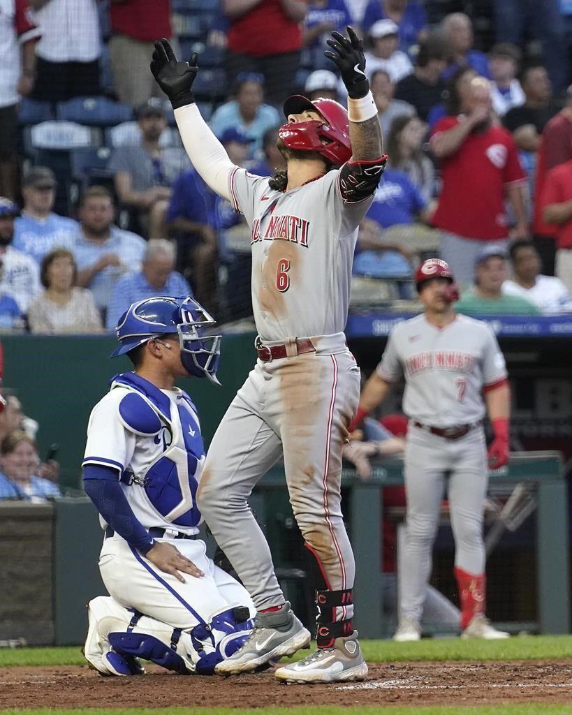 Kansas City Royals' Nick Pratto hits a two-run double during the first  inning of a baseball game against the Cincinnati Reds Monday, June 12, 2023,  in Kansas City, Mo. (AP Photo/Charlie Riedel