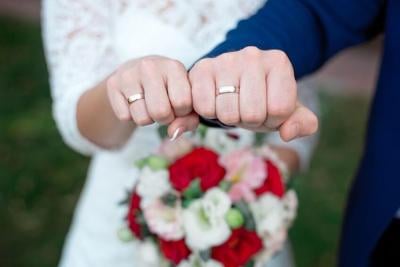 Close-up Bride and groom's hands with wedding rings