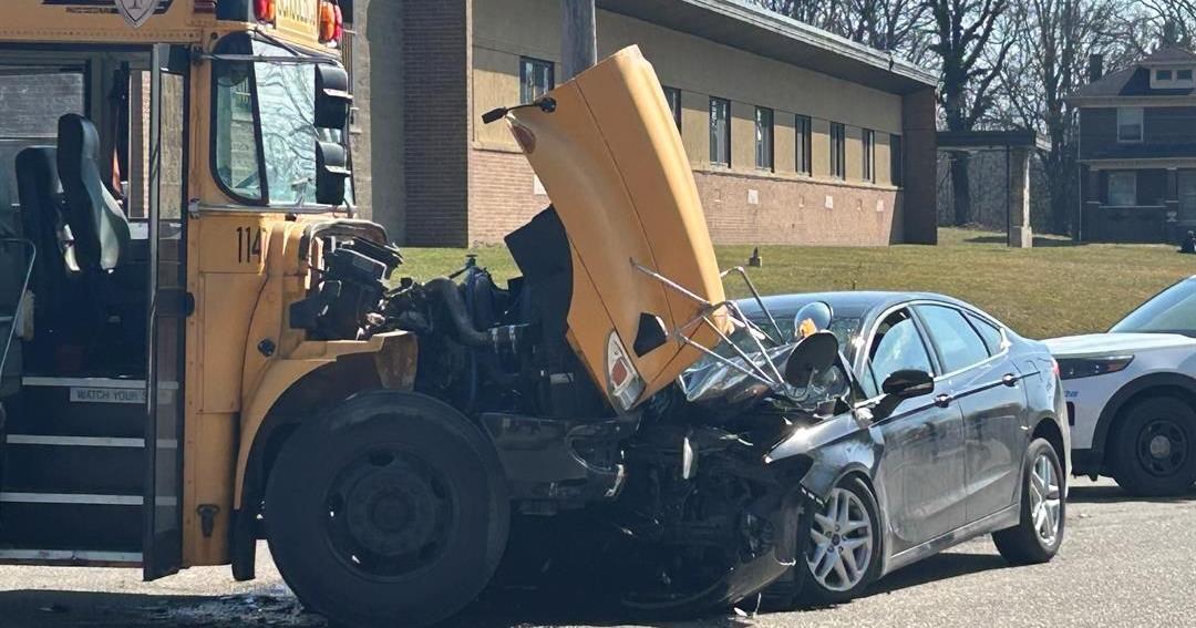 School bus carrying students, car heavily damaged following crash in ...