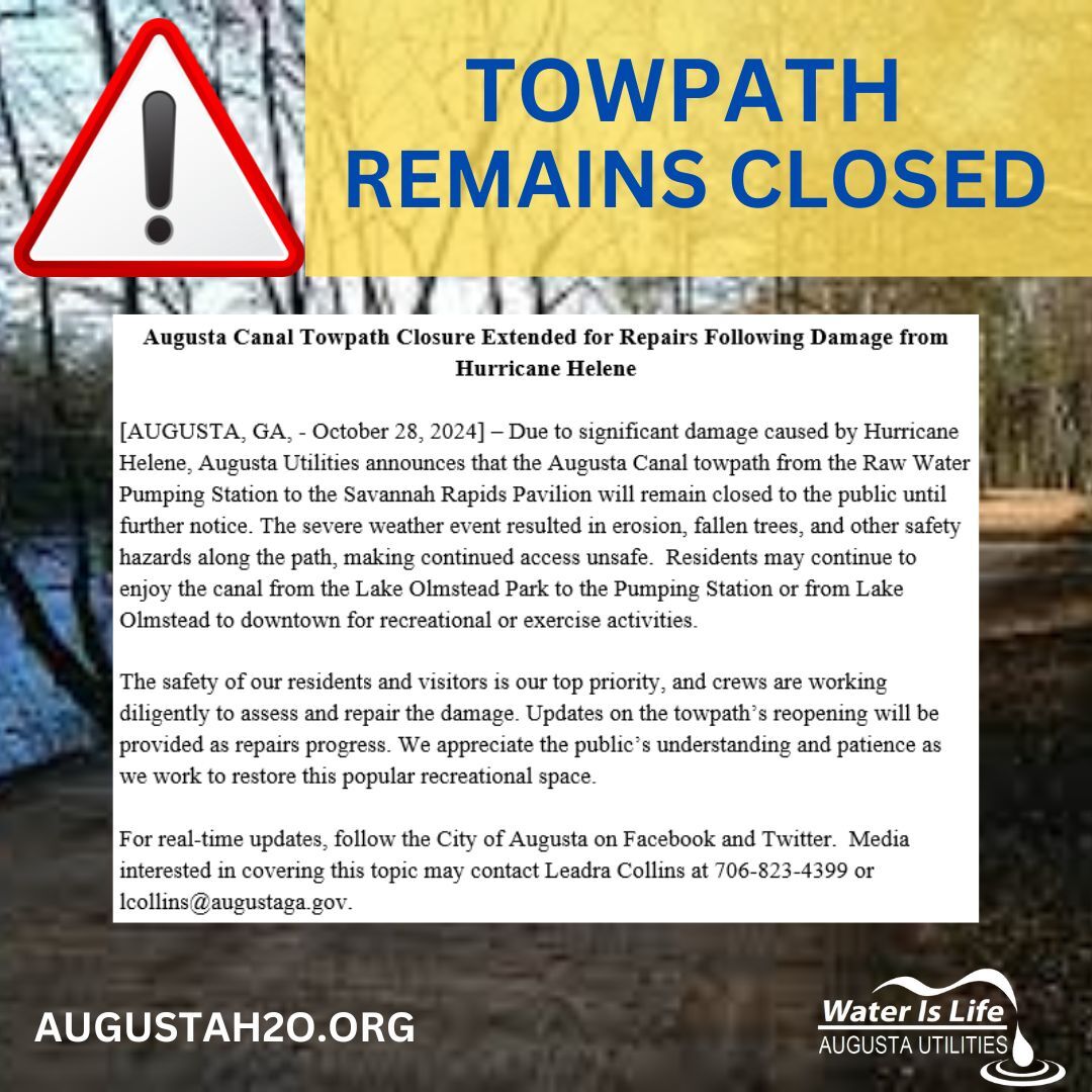 Augusta Canal Towpath remains closed due to Hurricane Damage, alternate ...