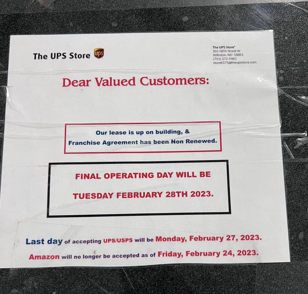 The Williston UPS Store is closing, but UPS delivery will remain
