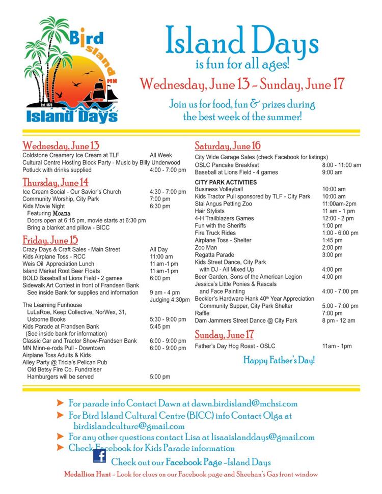 Bird Island "Island Days" Wednesday, June 13 thru Sunday, June 17