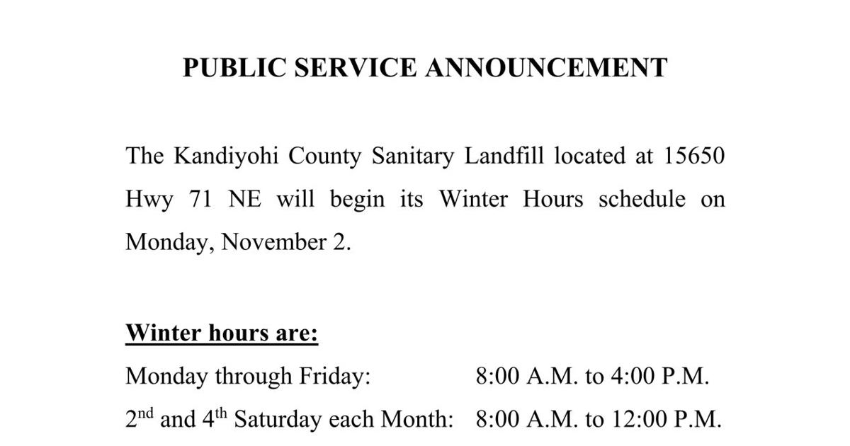 Kandiyohi County Sanitary Landfill Summer Hours Calendar