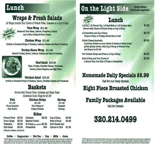 Sunray's Coffee Pot Cafe Menu