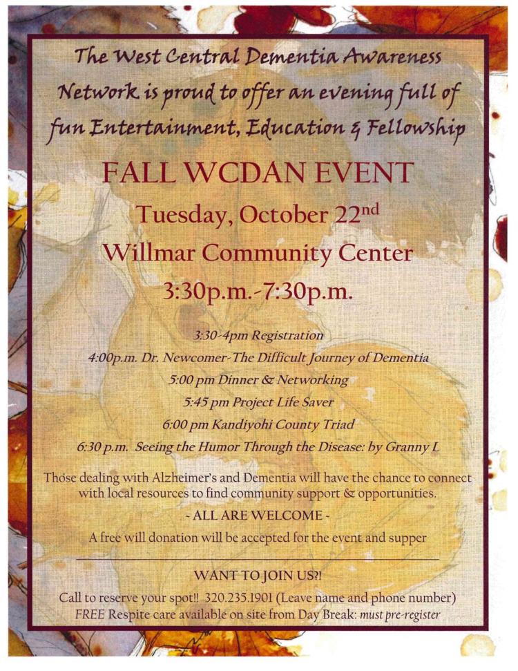 West Central Dementia Awareness Network S Fall Wcdan Event Calendar Willmarradio Com