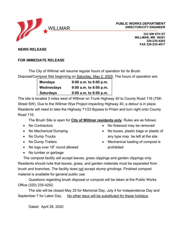 Brush Disposal Compost Site Hours Last Day This Season This Saturday Nov 21 Calendar Willmarradio Com