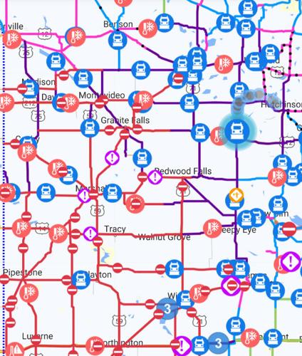 Road closures map at 7 pm March 16, 2023 from MnDot