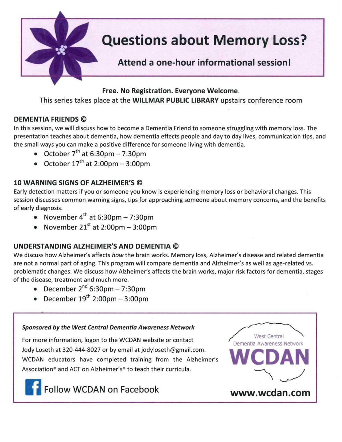 "Questions about Memory Loss?" Session Calendar