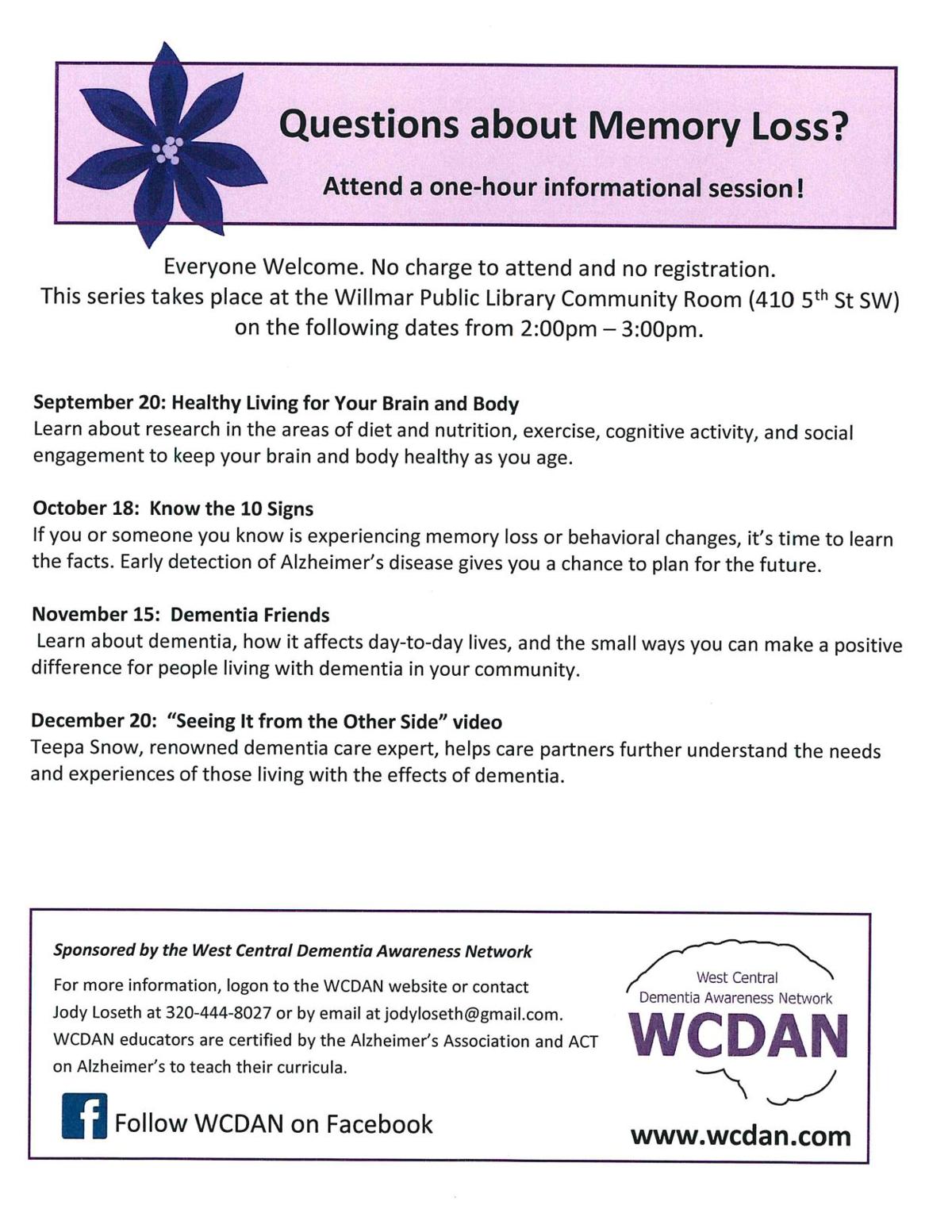 "Questions about Memory Loss?" Sessions Calendar