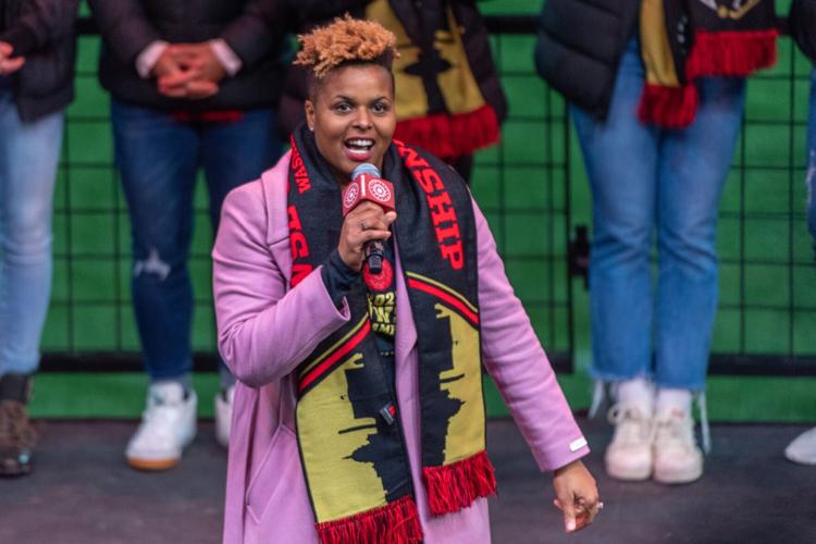 Thorns GM Karina Leblanc talks at 2022 championship celebration