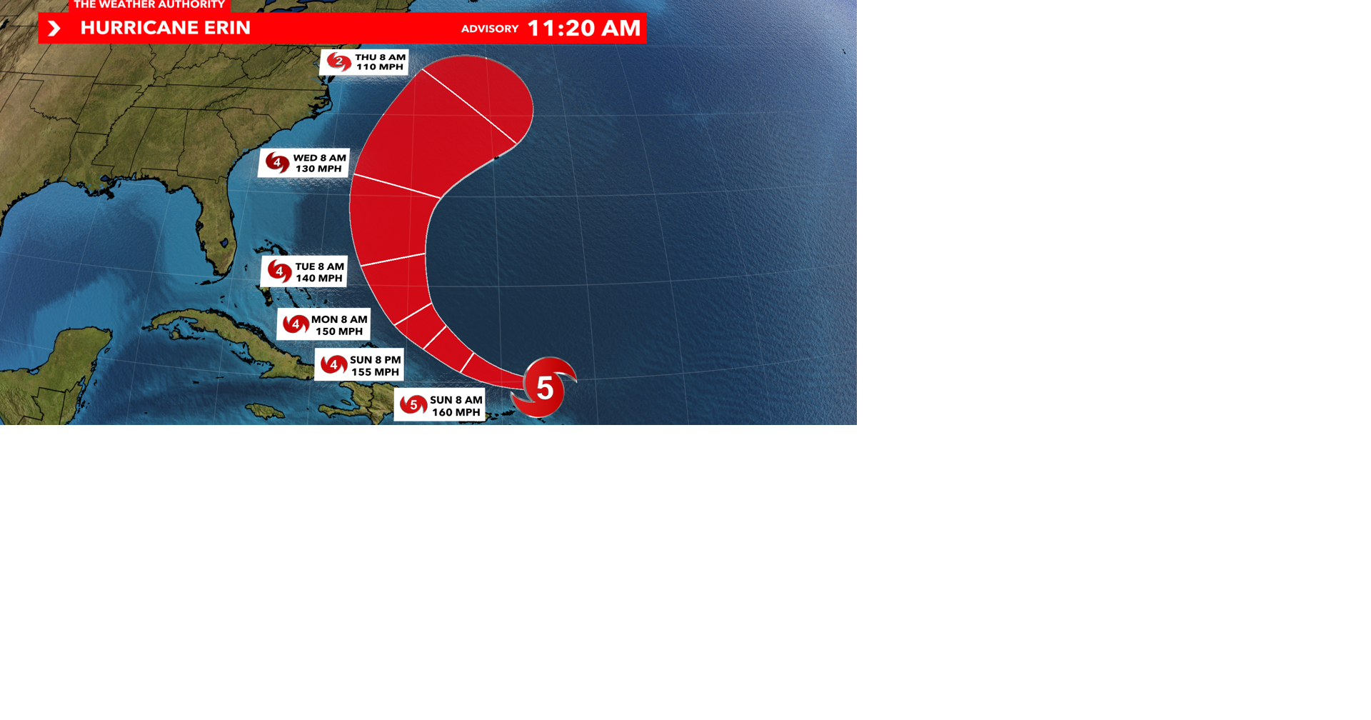 Hurricane Erin rapidly intensifies into a Category 5 hurricane
