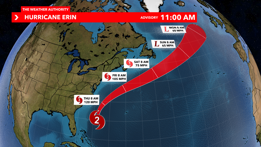 Hurricane Erin continues to move along U.S. East Coast, tracking two areas of interest