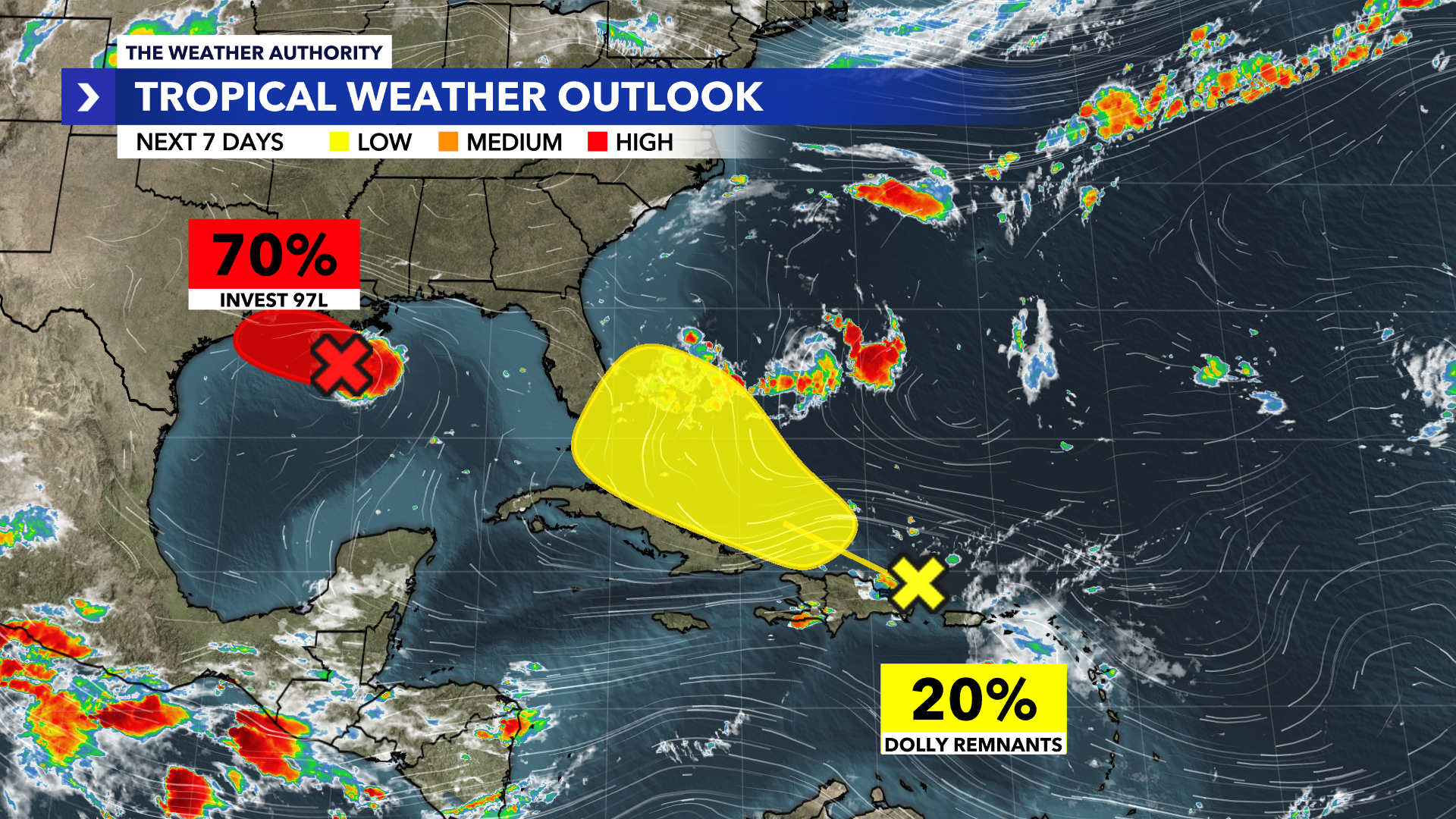 NHC tracks Gulf system likely to become tropical depression or storm before reaching Texas, Louisiana coast; Dolly remnants raise Florida rain chances